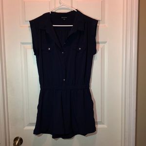 Short sleeve navy blue button-up romper